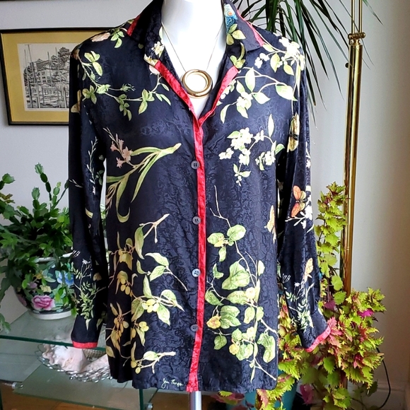 Vintage Signed Jim Thompson Botanical Butterfly Print Black Silk Blouse Size 8 - Picture 1 of 13